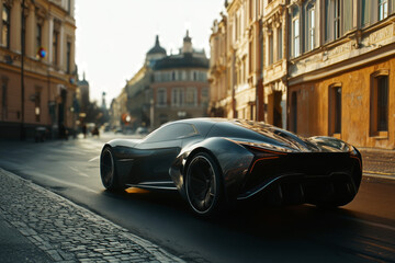 Futuristic sports super concept black car in the city, street racing on expensive exclusive luxury auto