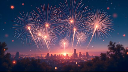 Urban night view under gorgeous fireworks