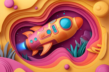 Fototapeta premium Paper-cut rocket soaring through vibrant, layered cosmos.