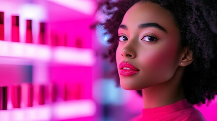 Shopper browsing through a rack of vibrant lip gloss tubes in a high energy makeup store with neon accents 