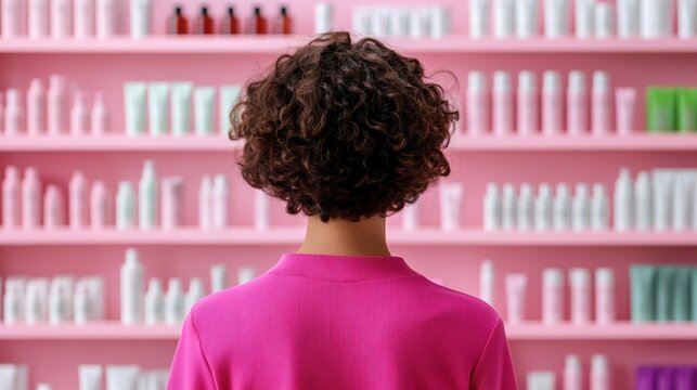Shopper examining a skincare kit displayed on a pastel toned counter surrounded by luxurious creams and serums 