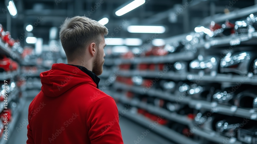 Poster shopper reaching for a chrome exhaust tip from a wall mounted display filled with various car modifi