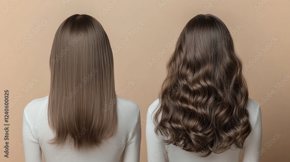 Poster before and after comparison demonstrating transformation from thin hair to thick hair in a stylistic