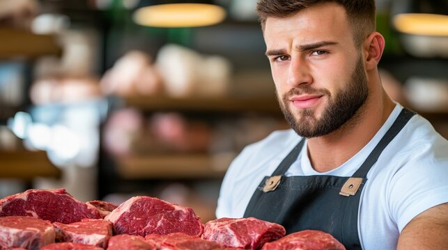 Shopper selecting venison steaks from a specialty meat section rustic wood accents and handwritten tags add a premium feel 