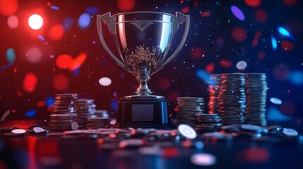 Shiny trophy with coins in dazzling light.