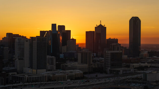 Aerial view of downtown skyscrapers and skyline at sunrise, Dallas, United States.