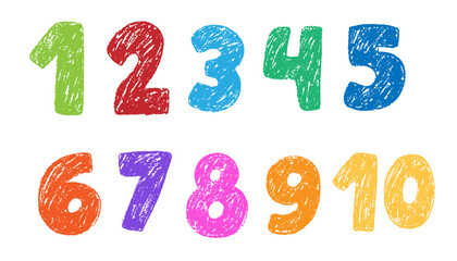 Chalk drawing kids pencil textured numbers. Hand drawn scribble kid typescript numbers. School wax crayon numbers cute kindergarten handwriting. Freehand pastel childish hand drawn set. 