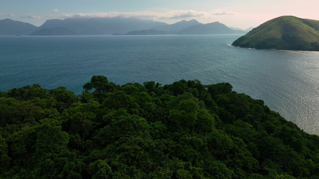 Aerial view of tropical archipelago with lush islands and serene ocean, Ubatuba, Brazil.