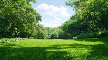Fototapeta premium Lush green park, sunny day, trees, bench. Perfect for travel brochures