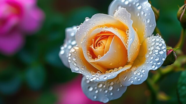 A close up of a dew covered yellow rose with pink roses in the background - Powered by Adobe