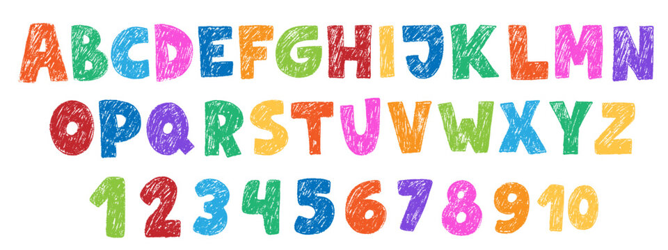 Fototapeta Crayon kids font, doodle funny playful alphabet. Hand drawn scribble kid typescript numbers. School wax crayon abc cute kindergarten handwriting playful letters, digits. Color pencil children font.