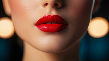 Obraz premium Woman holding a bold red lipstick and checking its shade in a compact mirror under warm spotlights in a premium makeup shop 