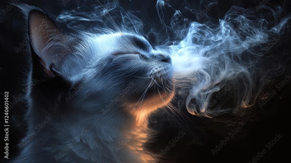 Aufkleber surreal scene of a siamese cat exhaling smoke where the word meow subtly emerges within the intricat