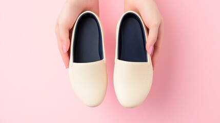 Fototapeta premium Woman holding classic ballet flats in beige and navy isolated on a soft pastel background plenty of negative space 