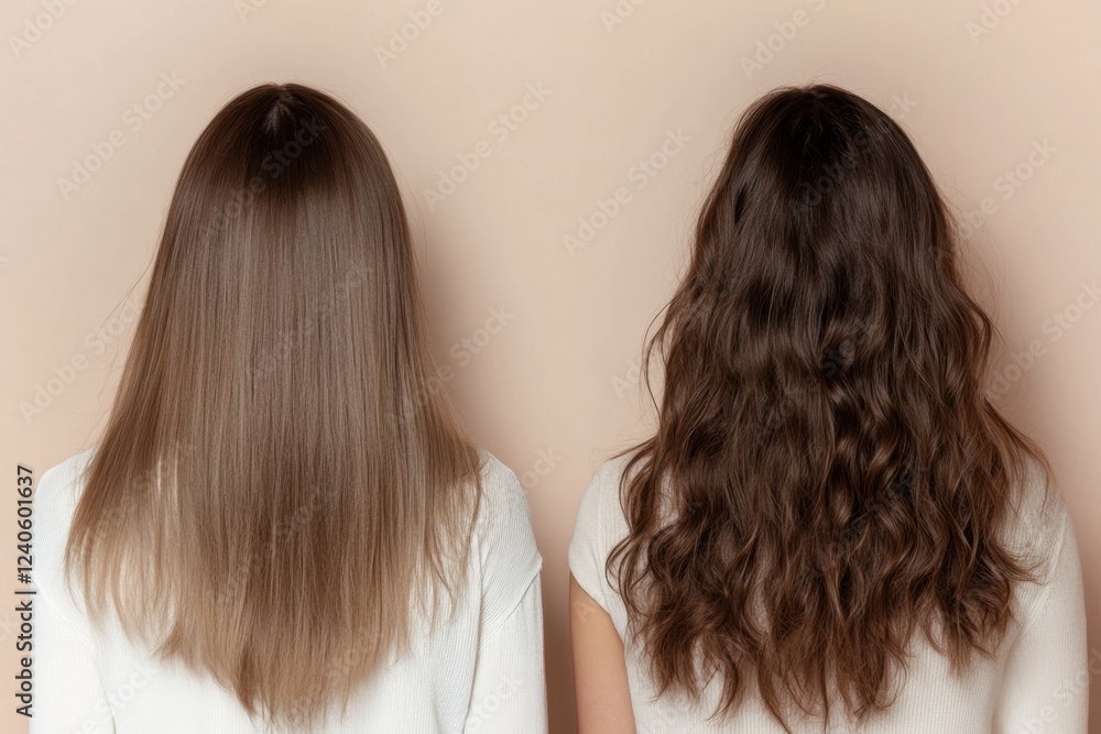 Poster transformation of hair from thin and straight to thick and wavy displayed in a side by side comparis
