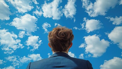 Informed Decision Man Gazing at Bright Cloudy Sky Outdoors