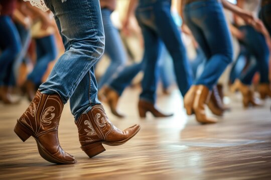 Group of dancers in cowboy boots performing line dance indoors