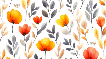 Fototapeta premium Watercolor Floral Pattern with Orange, Yellow Flowers and Grey-Beige Leaves