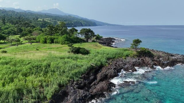 Sao Tome and Principe - Lagoa Azul Aerial View. Stunning Turquoise Waters and Rocky Coastline in a Tropical Island Paradise.