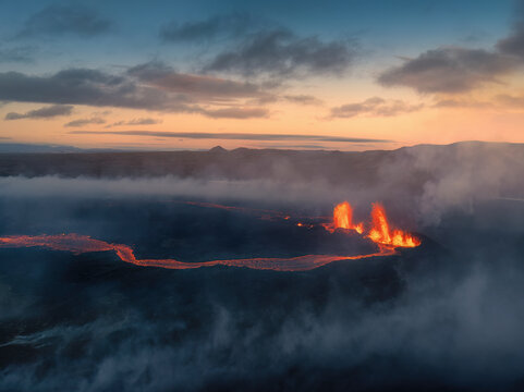 Aerial view of majestic Fagradalsfjall volcano with flowing lava and scenic landscape, Grindavik, Iceland.