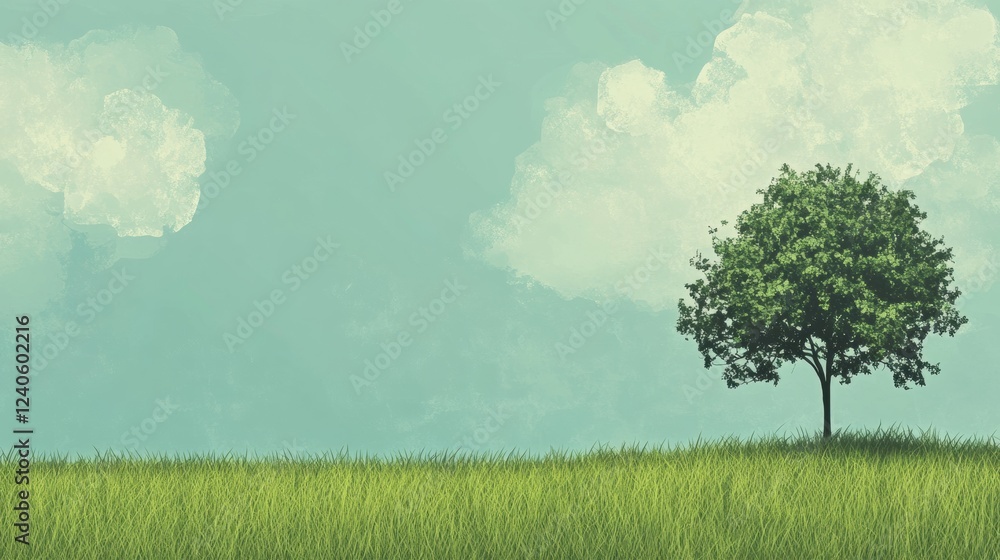 Aufkleber empty natural landscape with a solitary tree under a clear sky and fluffy clouds in daytime. generat