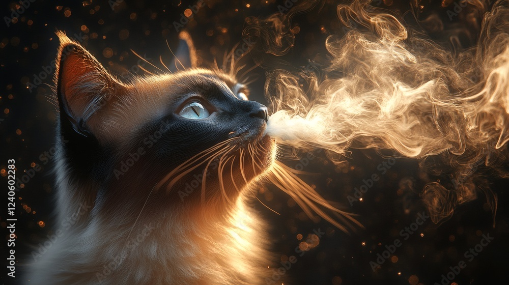 Aufkleber surreal scene of a siamese cat exhaling smoke where the word meow subtly emerges within the intricat