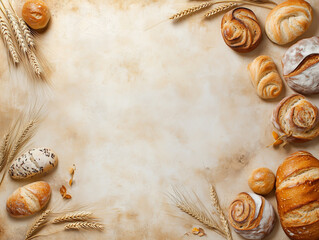 Obraz premium Rustic Baking Background with Fresh Bread and Wheat 