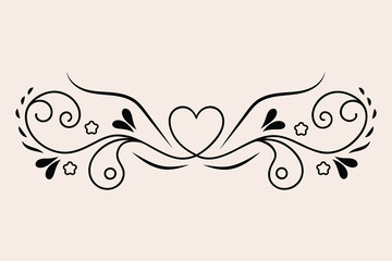Valentine Day Doodle line art hearts Swirls svg, Filigree curly Calligraphic Heart, Fancy Line Flourishes Swirls outline hearts, curve romantic love separator, Valentine Day divider flourish Swirl