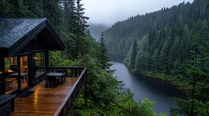 Fototapeta premium Rainy forest cabin lake view, peaceful escape