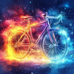 Fototapeta premium Cosmic Road Bike: A vibrant watercolor of a bicycle against a nebula backdrop.
