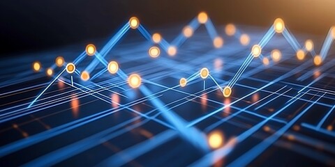 Geometric, high-tech deep blue circuitry in a dark environment with nodes of bright light.