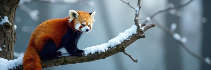 Fluffy red panda perched on snow-laden branch, solitary, forest