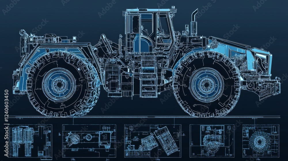 Poster mechanical engineering illustrations on a blue backdrop featuring cutting tools and a milling cutter