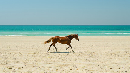 Chestnut horse canters along pristine beach; turquoise ocean backdrop.
