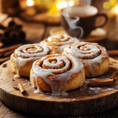 Freshly Baked Cinnamon Rolls with Creamy Icing on Wooden Board 