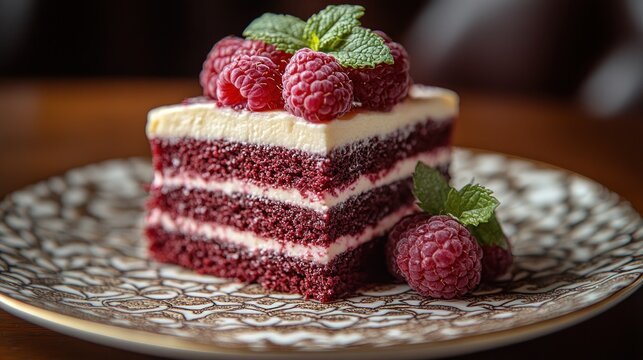 Red velvet cake, raspberries, mint, restaurant, dessert