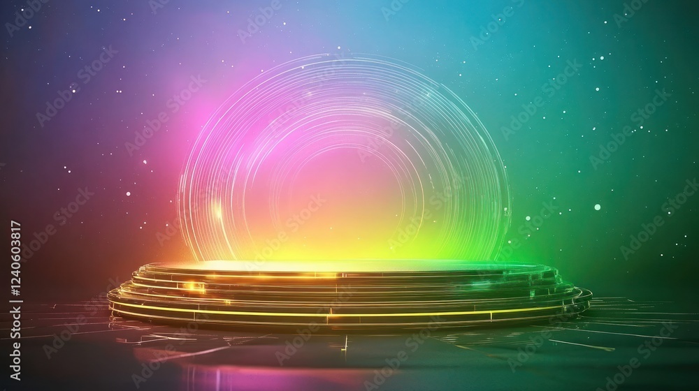 Poster colorful abstract light display with glowing circular patterns