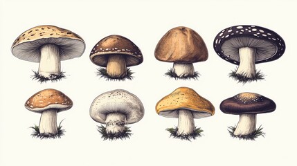 Illustration of Mushrooms Representing Various Species with Detailed Visual Features. Digital depiction of a variety of mushrooms showcasing unique shapes, colors, and detailed differences.