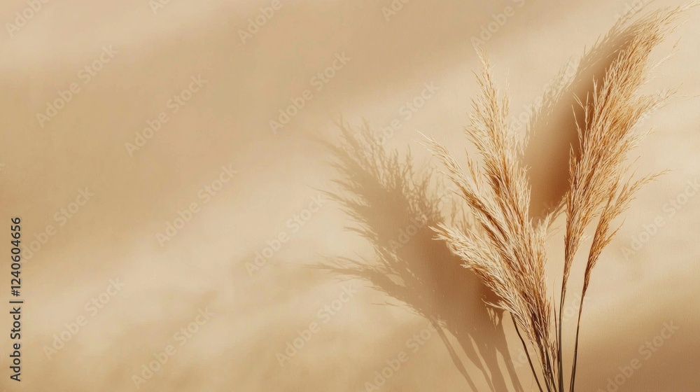 Poster delicate golden grasses stand tall against a smooth beige background, their shadows elegantly stretc
