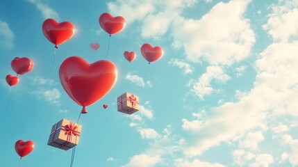 Fototapeta premium A Box flying on a parachute with pink cloud in valentine day,package flying down from sky and cloud with parachute, concept for delivery service,shopping online,air delivery service.