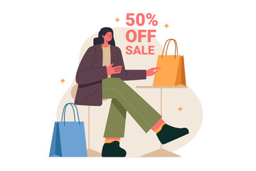 Woman Waiting for the Best Deal Sale Illustration