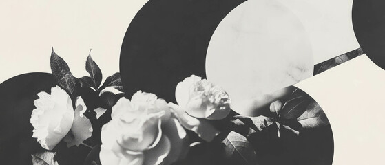 Minimalist collage blending geometric shapes with floral elements and digital search interface