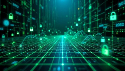Obraz premium Futuristic Digital Grid with Floating Data Streams