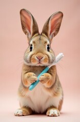 Obraz premium Cute brown bunny holding toothbrush on pink background