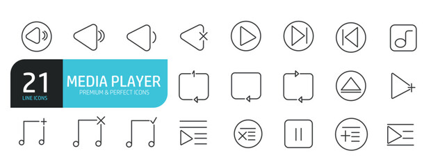 Set of line icons related to media player, audio, video. Outline icons collection. Editable stroke. Vector illustration.