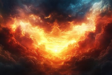 Dramatic sunset over fiery clouds nature digital art atmospheric wide angle view visual transformation
