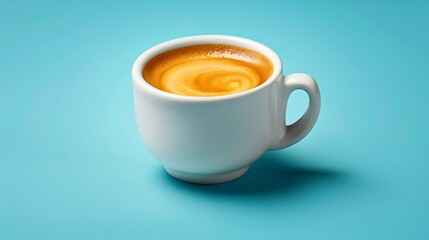 Fototapeta premium A modern espresso cup with creamy crema, captured against a bright cyan background with minimalistic shadows and sleek design