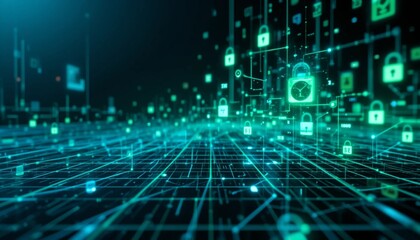 Obraz premium Futuristic Digital Grid with Floating Data Streams