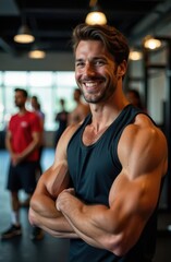Muscular bodybuilder smiling and posing in gym after successful workout
