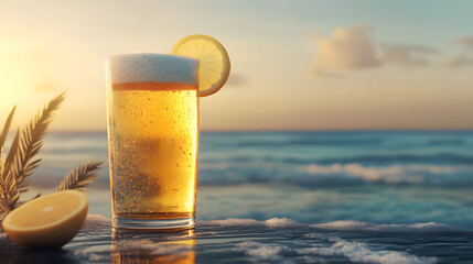 A cold, refreshing Pilsner beer poured into a glass with a lemon wedge, set against a backdrop of a beach and ocean.